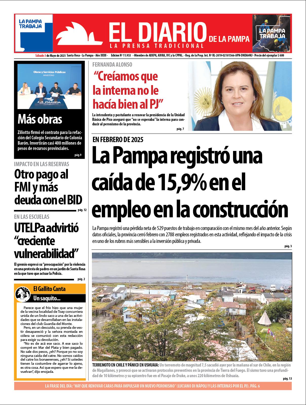 Tapa de El Diario en papel  saacutebado 03 de mayo de 2025